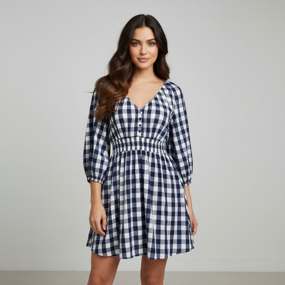 J.Crew Navy White Gingham Smocked Waist Cotton Mini Dress 3/4 Puff Sleeve Medium